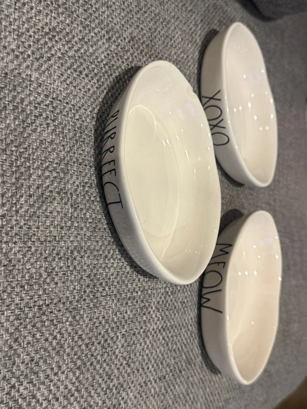 Rae Dunn Set of 3 White Ceramic Cat Bowls with Black Lettering